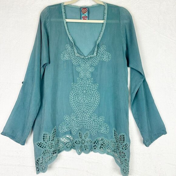 Johnny Was Embroidered Eyelet Crochet Top Size Small V-Neck Long Sleeve Boho - Picture 1 of 6